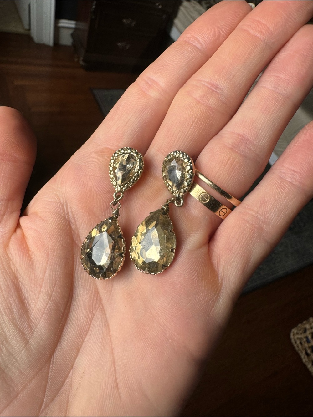 Gold-Tone Teardrop Crystal Drop Earrings - Elegant Champagne Sparkle